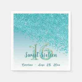 Sweet 16 Falling Aquamarin Blue Glitzer & Monogram Serviette