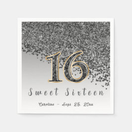 Sweet 16 Falling Black Glitzer & Monogram Serviette