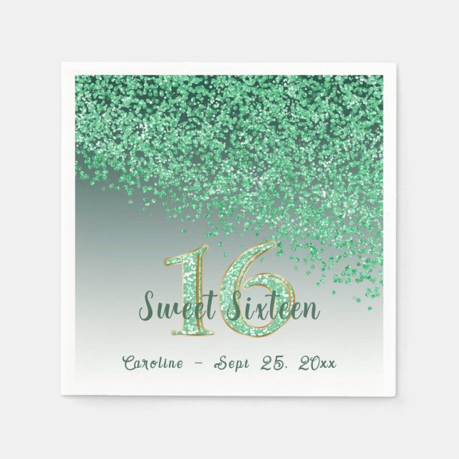 Sweet 16 Falling Green Glitzer & Monogram Serviette (Vorderseite)