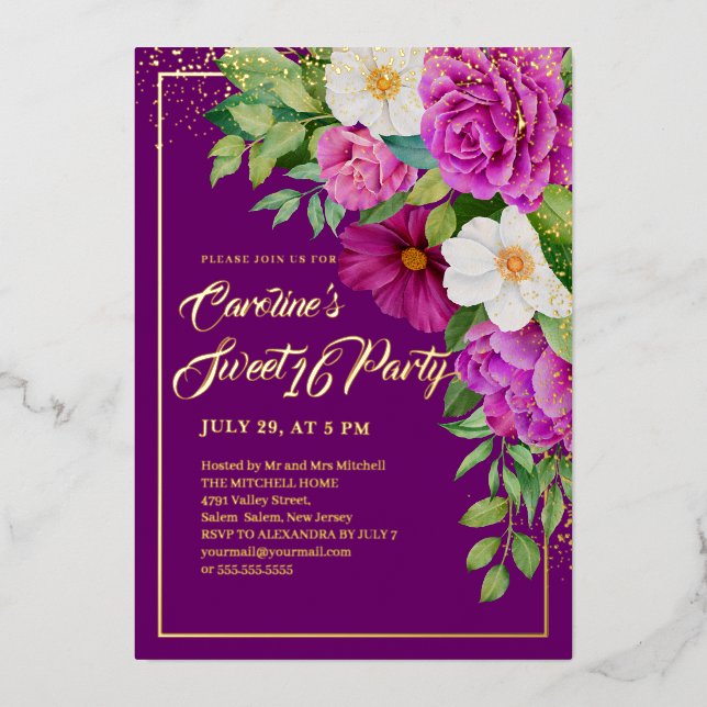 Sweet 16 farbenfrohe, blumenfarbene Wasserfarbe Li Folieneinladung (Vorderseite)