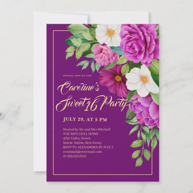 Sweet 16 farbenfrohe Floral Wasserfarbe Lila Einladung (Vorderseite)