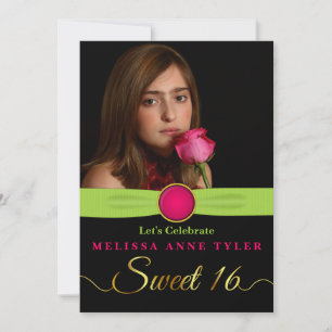 Sweet 16 Faux Jewel and Ribbon Photo Invitation