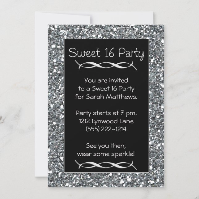 Sweet 16 Fête Invitation Argent Éclat (Devant)