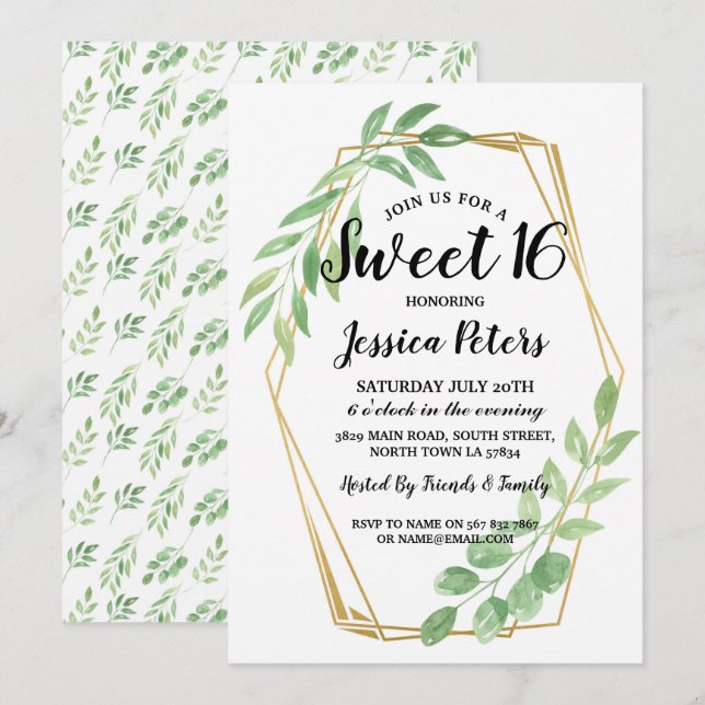 Sweet 16 Feuilles de fête Gold Frame Invitation d' (Devant / Derrière)