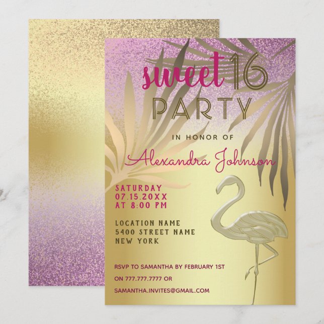 Sweet 16 Flamingo Pink und Gold Glitzer Einladung (Vorne/Hinten)