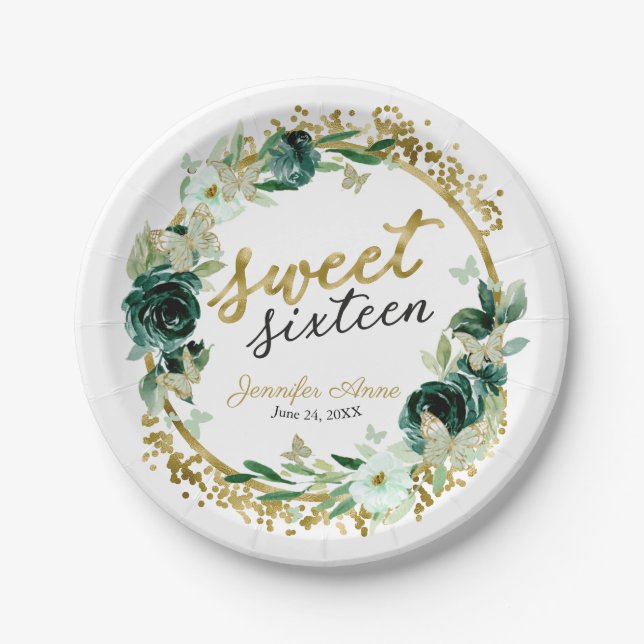 Sweet 16 Floral Emerald Green Butterfly Pappteller (Vorderseite)