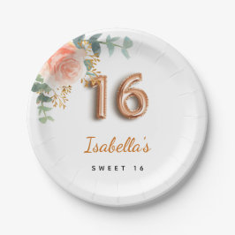 Sweet 16 floral Rose gold eucalyptus monogramm Pappteller