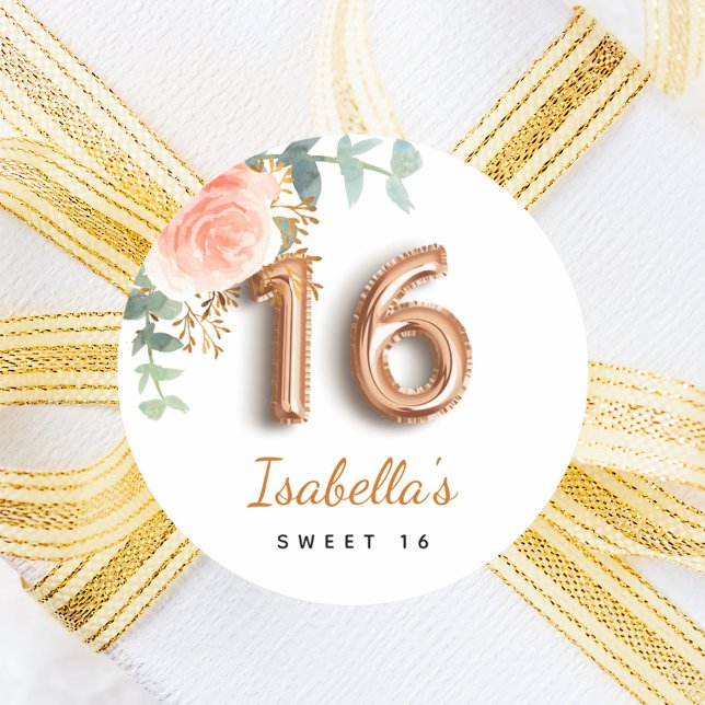 Sweet 16 floral Rose gold eucalyptus monogramm Runder Aufkleber (Von Creator hochgeladen)