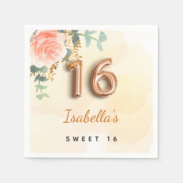 Sweet 16 floral Rose gold eucalyptus monogramm Serviette (Vorderseite)