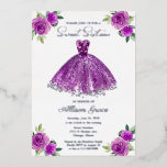 Sweet 16 Floral Wasserfarbe Lila Gown Silver Folieneinladung<br><div class="desc">Elegantes lila Gown,  florale 16. Geburtstagsfeier Einladungen.</div>