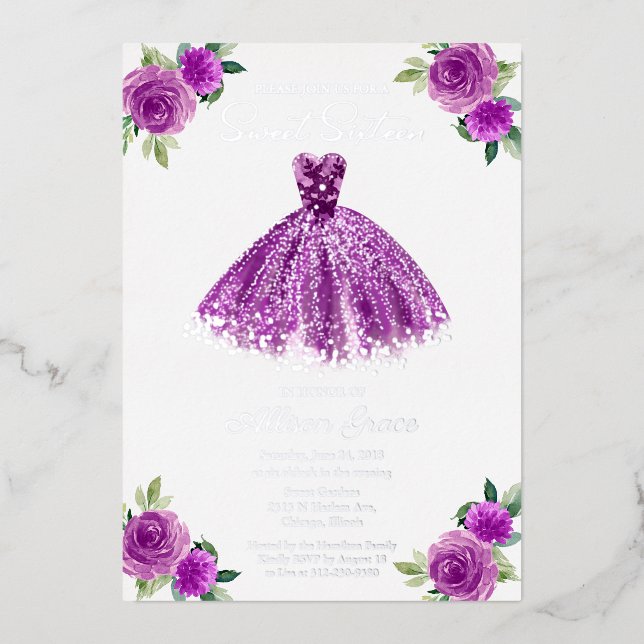 Sweet 16 Floral Wasserfarbe Lila Gown Silver Folieneinladung (Vorderseite)