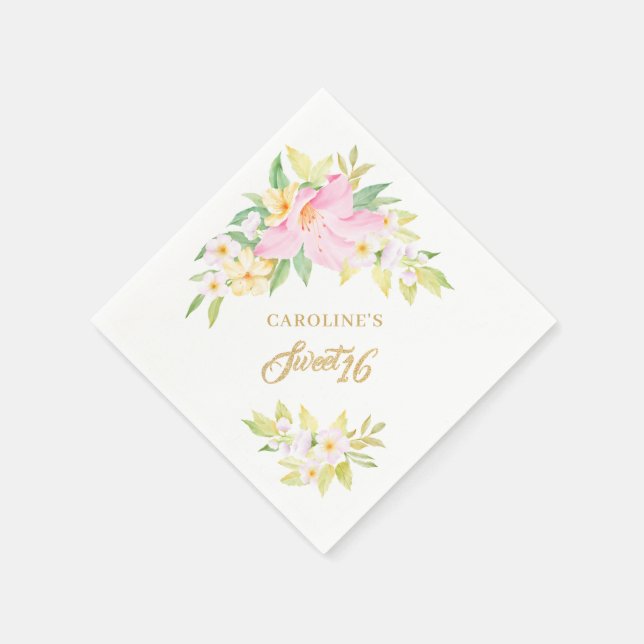 Sweet 16 Floral Wasserfarbe Rosa Elegant Serviette (Ecke)