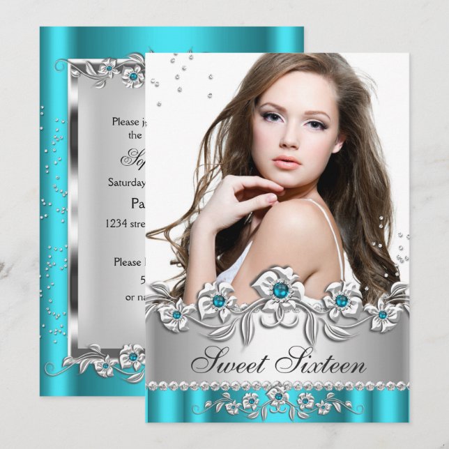 Sweet 16 Foto Aquamarin Blue Silver Diamond Jewel Einladung (Vorne/Hinten)