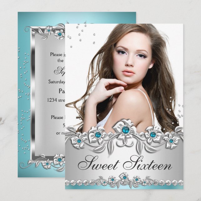 Sweet 16 Foto Blue Silver Diamond Jewel Party Einladung (Vorne/Hinten)