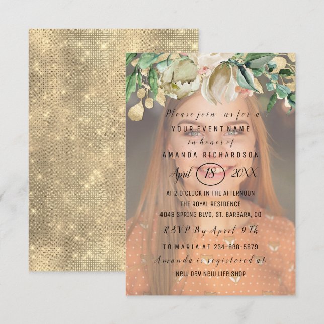 Sweet 16. Foto Blume Gold Spark Girly Einladung (Vorne/Hinten)