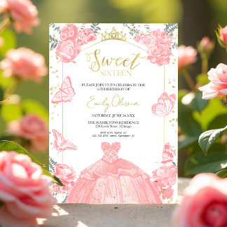 Sweet 16 Foto Einladung Schmetterling Pink Blüte