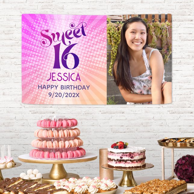 Sweet 16 Foto Groovy Pink Orange Gradient Retro Banner (Von Creator hochgeladen)