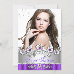 Sweet 16 Foto Lila Silver Floral Jewel Party Einladung