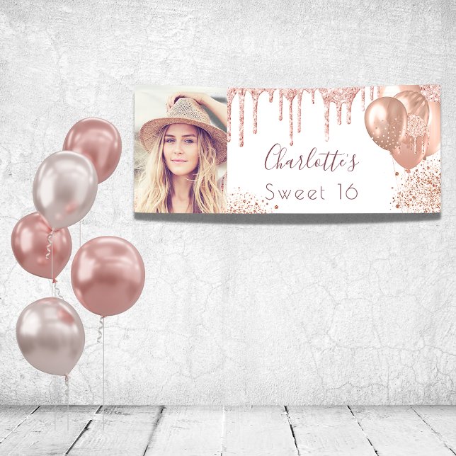 Sweet 16 Foto Rose Gold Glitzer Monogramm weiß Banner (Von Creator hochgeladen)