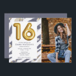 Sweet 16 Foto Sechzehnte Geburtstagsparty Einladung<br><div class="desc">Sweet 16 Geburtstagsfeier Einladung für Mädchen mit einem blauen und goldenen Blumenfoto-Design. Laden Sie ein Foto des Geburtstagsmädchens hoch und passen Sie die Vorlage mit ihren Party-Details an. Die Einladung wird in der Koordinierung blauer Farbe gedruckt und die Rückseite der Einladung ist massiv blau.</div>