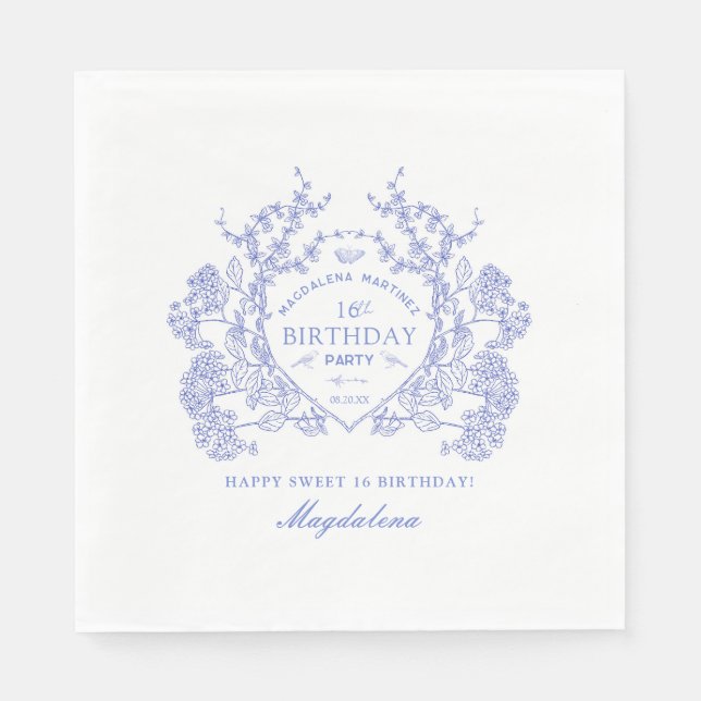 Sweet 16 French Blue Floral Wappen Custom Serviette (Vorderseite)