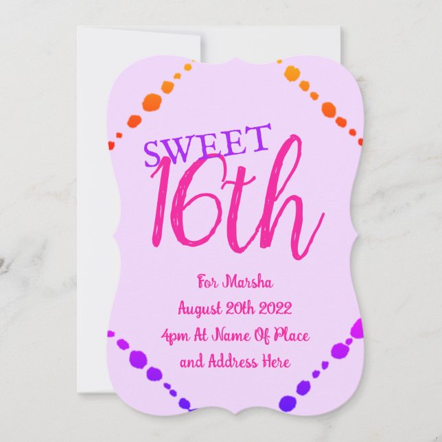 Sweet 16 Fun Dots Pink Lila Text Einladung (Vorderseite)