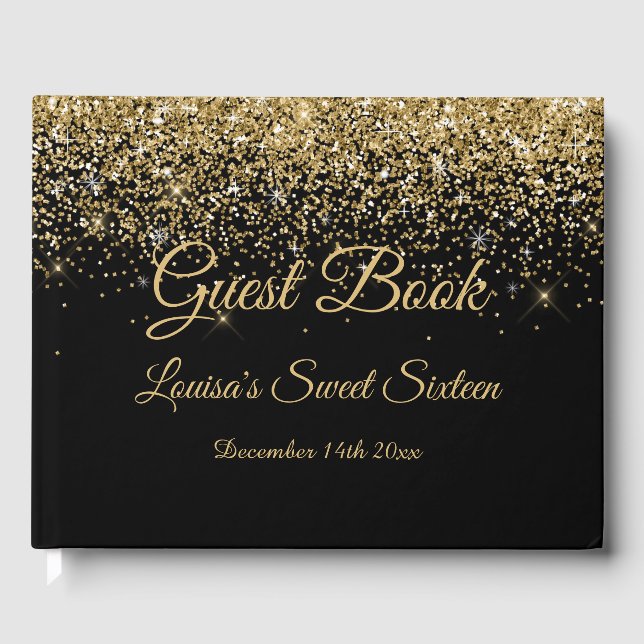 Sweet 16 Gästebuch Eleganter Schwarzer Glitzer (Vorderseite)