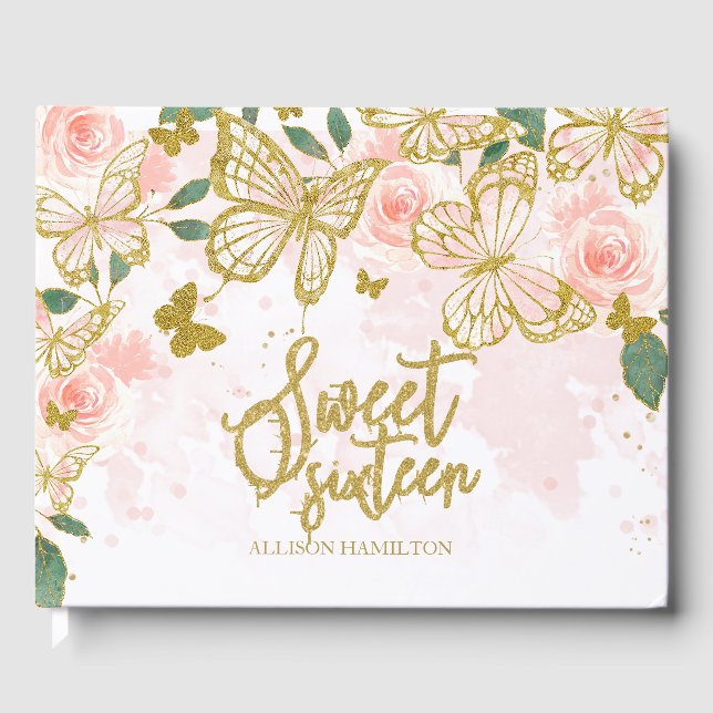 Sweet 16 Gästebuch Gold Blush Butterfly Blütenblum (Vorderseite)