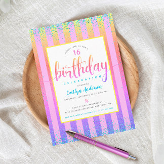 Sweet 16 Geburts Regenbogen ombre Glitzer Skript Einladung