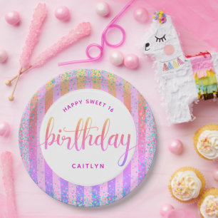 Sweet 16 Geburts Regenbogen ombre Glitzer Skript Pappteller