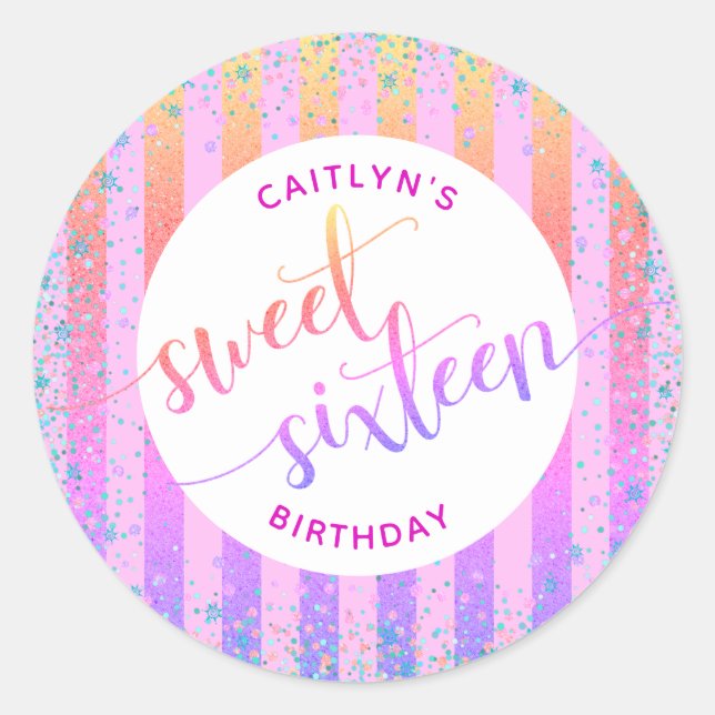 Sweet 16 Geburts Regenbogen ombre Glitzer Skript Runder Aufkleber (Vorderseite)