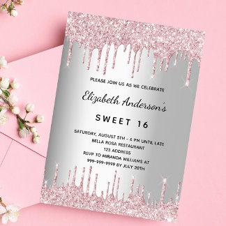 Sweet 16 Geburtstag silber pink Glitzer Tropfen Lu Einladung