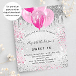 Sweet 16 Geburtstag Silberrosa Glitzer Einladung<br><div class="desc">Für einen eleganten Sweet 16,  16. Geburtstag. Ein Imitat silber aussehender Hintergrund. Rosa und Imitate,  silberner Glitzer und Ballons. Personalisieren und fügen Sie Namen,  Alter und Party Details hinzu. Der Name wird mit einem handgeschriebenen Stilskript geschrieben</div>