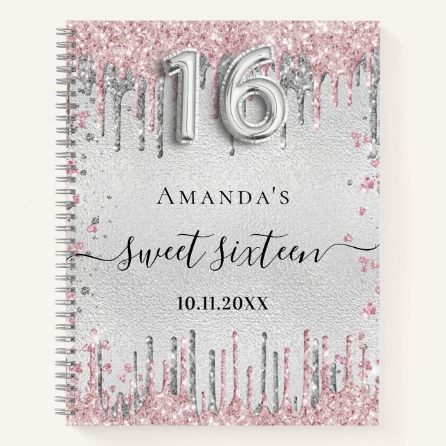 Sweet 16 Geburtstag Silberrosa Glitzer Gästebuch Notizbuch (Vorderseite)