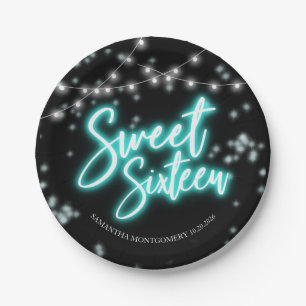 Sweet 16 Geburtstag Teal Neon Glow Dark Party Pappteller