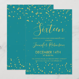 Sweet 16 Geburtstagsparty Aquamarin Gold Foil Dots Einladung