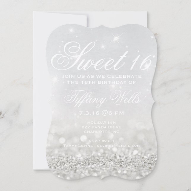 Sweet 16 Geburtstagsparty Einladung | Silver Glitt (Vorderseite)