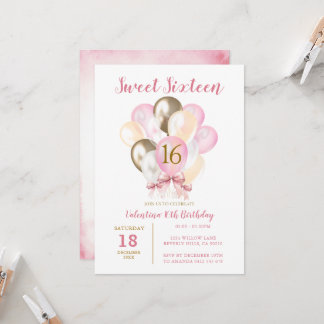 Sweet 16. Girl Birthday Pink Bow Gold Ballon Einladung