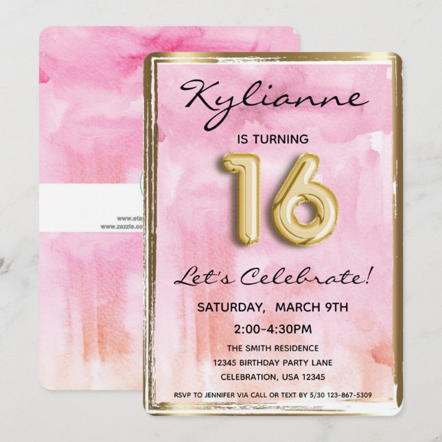 Sweet 16 Girl Birthday Pink und Gold 16. Einladung (Vorne/Hinten)