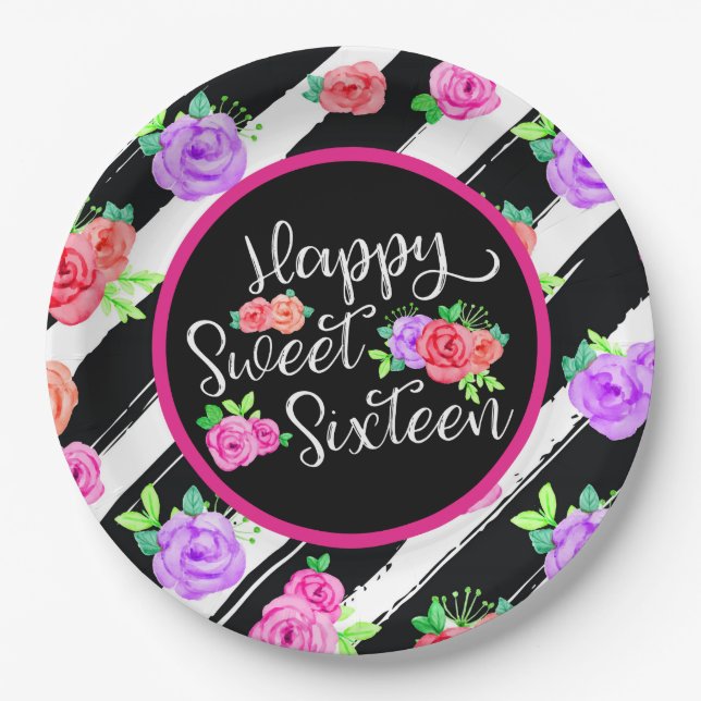 Sweet 16 Girl Edgy Rose & Modern Stripes Geburtsta Pappteller (Vorderseite)