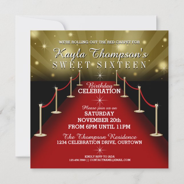 Sweet 16 Glamour Red Carpet Party Invitations (Devant)