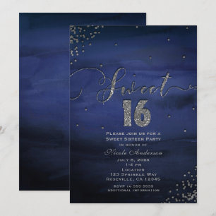 SWEET 16 Glamouröse moderne Wasserfarbe Blau Silbe Einladung