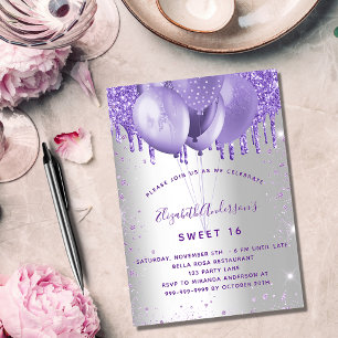 Sweet 16 Glitzer-Ballons aus Silberviolett Einladungspostkarte