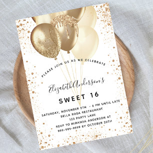 Sweet 16 Glitzer-Ballons aus Weißgold Einladungspostkarte