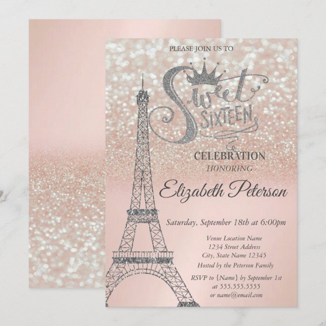 Sweet 16 Glitzer Bokeh Ombre, Eiffelturm Sweet 16 Einladung (Vorne/Hinten)