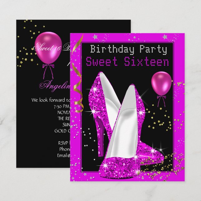 Sweet 16 Glitzer Hot Pink Black Birthday Party Einladung (Vorne/Hinten)