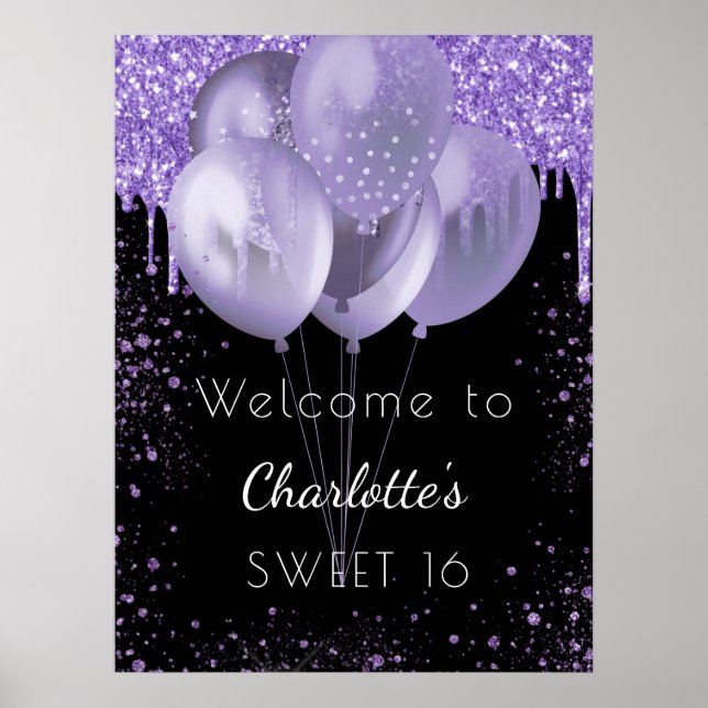 Sweet 16 Glitzer mit schwarzviolettem Saft willkom Poster (Vorne)