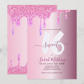 Sweet 16 Glitzer Tropfen Pink Metallic Geburtstags Einladung
