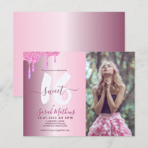 Sweet 16 Glitzer Tropfen Rosa Metallisches Foto Postkarte