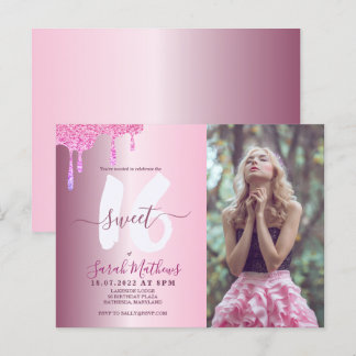 Sweet 16 Glitzer Tropfen Rosa Metallisches Foto Postkarte